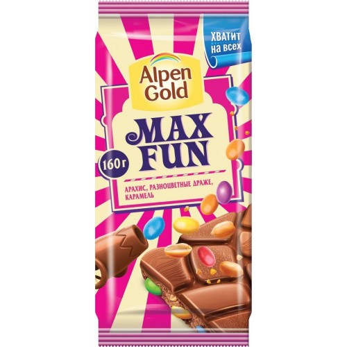 Шоколад молочный Alpen Gold Max Fun Арахис-Драже-Карамель (160 гр)