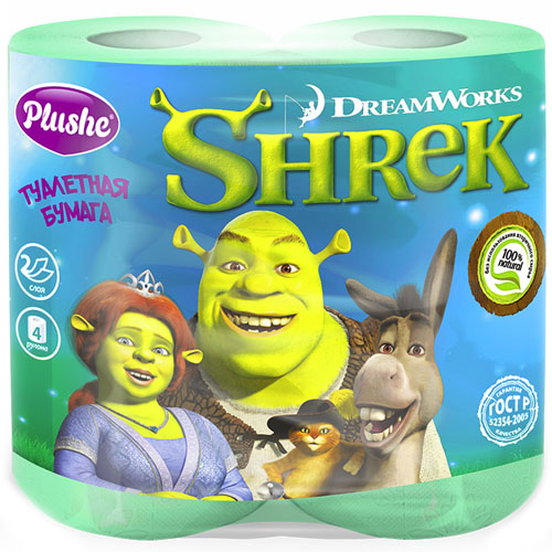 Туалетная бумага Plushe Shrek двухслойная Зеленая (4 шт)