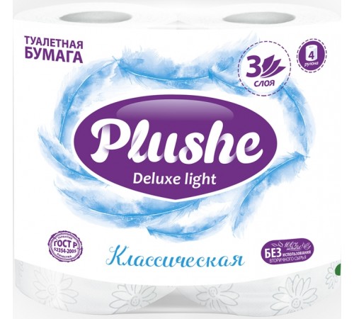 Туалетная бумага Plushe Deluxe Light трехслойная Белая (4 шт)