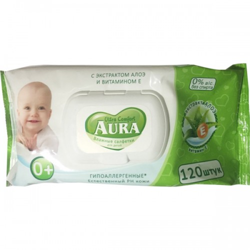 Влажные салфетки Aura Детские Ultra Comfort Экстракт Алоэ и витамин Е (120 шт)