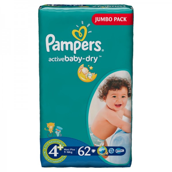 Подгузники Pampers - Active Baby Maxi Plus (9-16 кг), 62 шт.