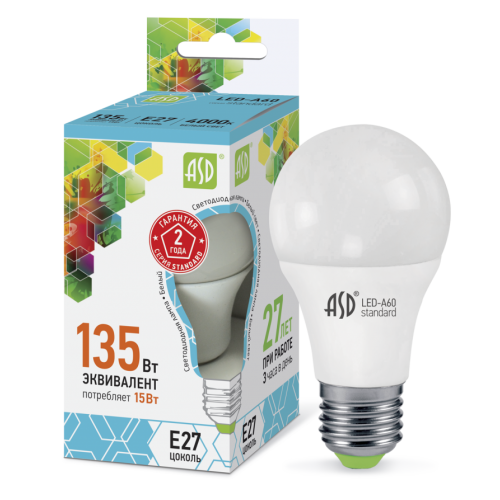 Лампа светодиодная LED-A60-std 15Вт 230В Е27 4000К 1350Лм ASD
